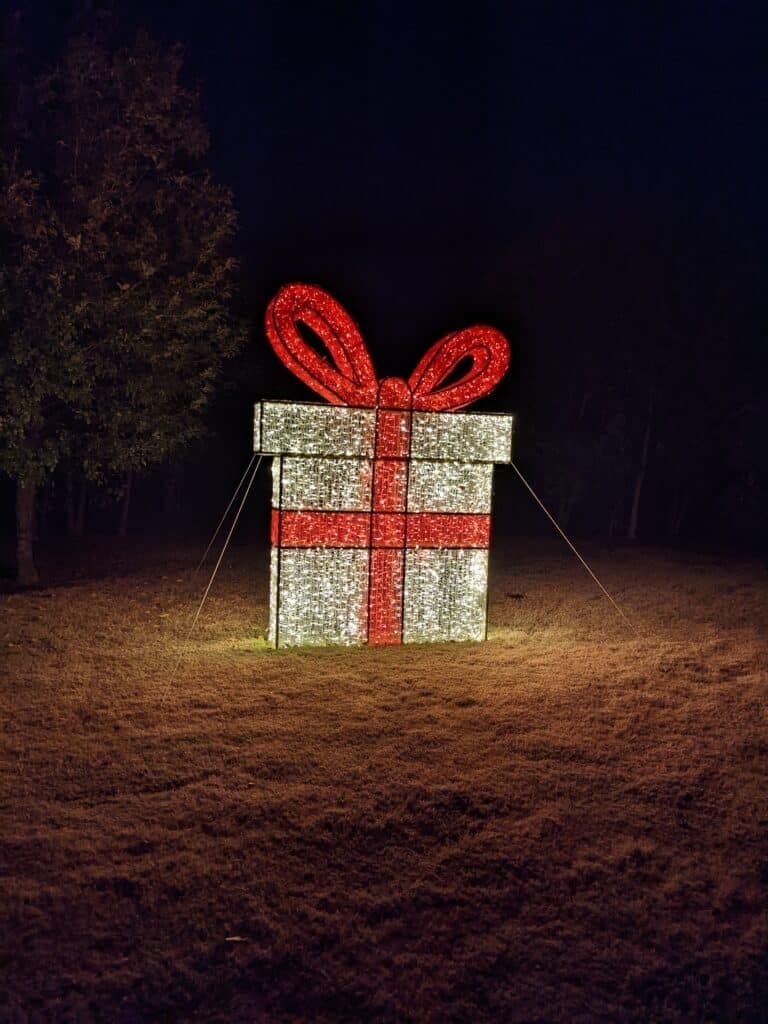 Large illuminated gift box with a red ribbon, surrounded by dark grass and trees at night.