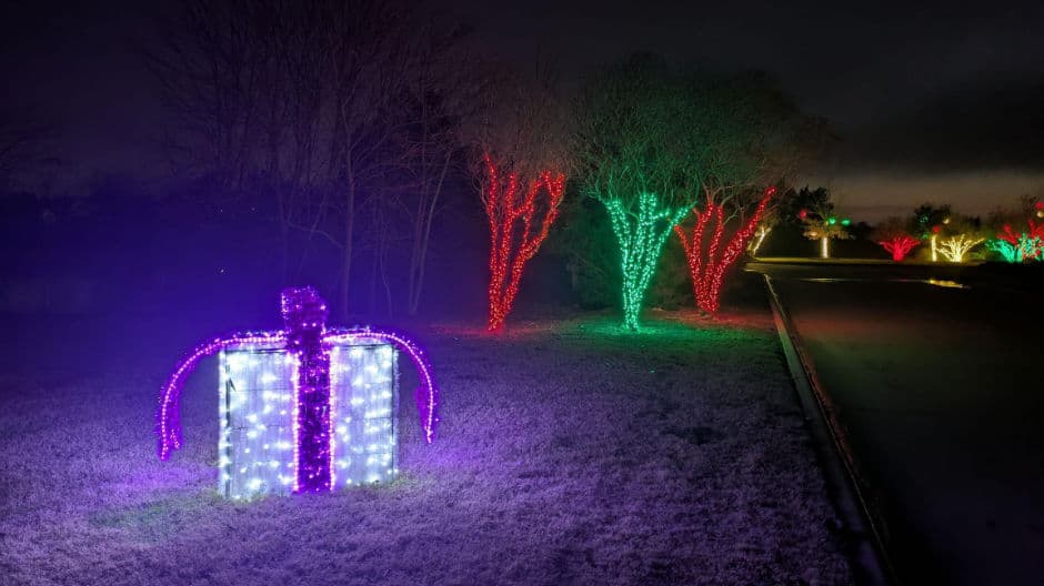 Colorful holiday lights illuminate a giant gift box in a festive outdoor display at night.