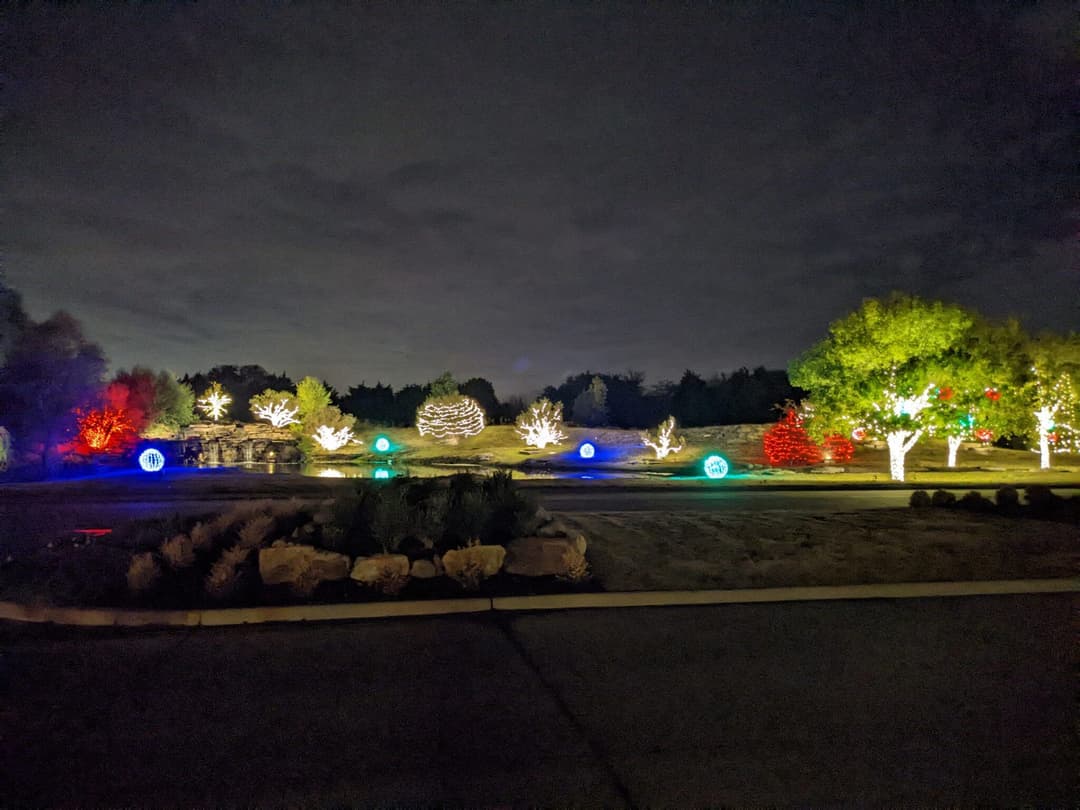 Colorful holiday lights illuminate a landscaped garden at night, creating a festive atmosphere.